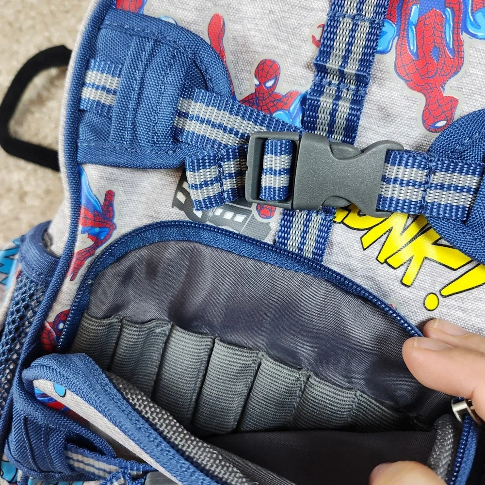 Pottery Barn Kids Backpack Spider-Man Comic Print Gray Blue Buckle Straps Small